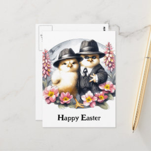 Lustige Osterküken Rosa Gelbe Blumen Postkarte