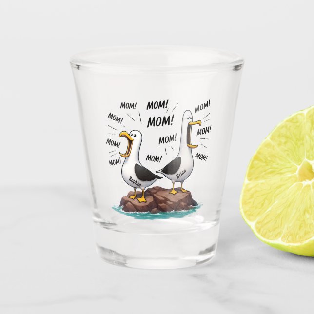 Lustige personalisierte Möwe-Mutter Schnapsglas (Vorderseite)
