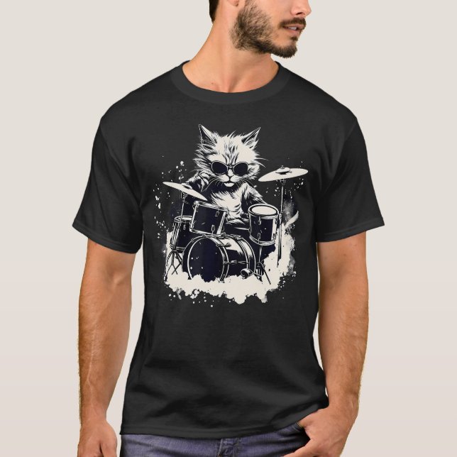 Lustige Punk-Kätzchen-Kitty-Katze-Schlagzeuger spi T-Shirt (Vorderseite)
