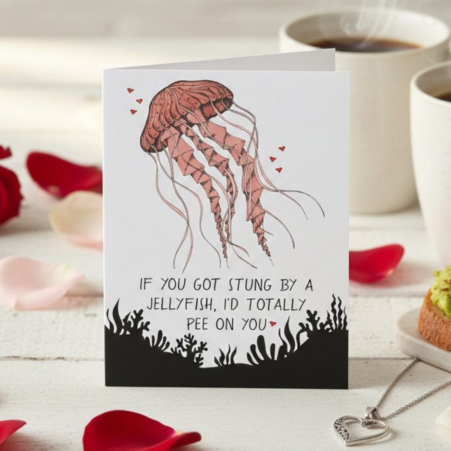 Lustige Quallen-Liebesromanze Karte (Humor Anniversary Card or Funny Romance Card with Jellyfish Illustration and I Love You for Couple)