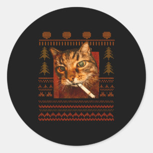 Lustige rauchende Katzen-Meme-Weihnachts hässlich  Runder Aufkleber