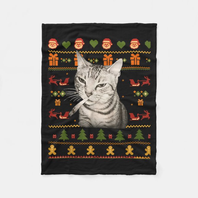Lustige rauchende Katzen-Meme-Weihnachts-Ugly Swea Fleecedecke (Vorderseite)