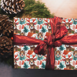 Lustige Rentiere Rot Weiß Grün Weihnachten Wasserf Geschenkpapier