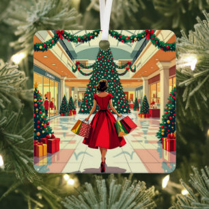 Lustige Retro-Frau beim Weihnachtseinkaufen in ein Ornament Aus Metall