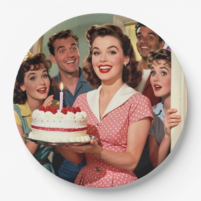 Lustige Retro-Freunde feiern einen Geburtstag Pappteller (Vorderseite)