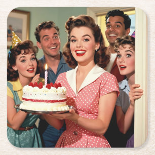 Lustige Retro-Freunde feiern einen Geburtstag Rechteckiger Pappuntersetzer