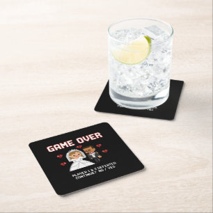 Lustige Retro-Gamer-Hochzeit "Game Over" Pixel-Art Rechteckiger Pappuntersetzer