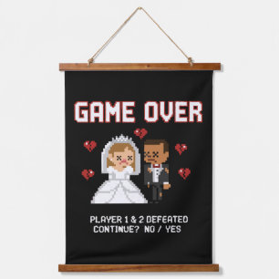 Lustige Retro-Gamer-Hochzeit "Game Over" Pixel-Art Wandteppich Mit Holzrahmen
