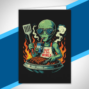 Lustige Retro grüne Alien UFO BBQ Grill Sonnenbril Karte