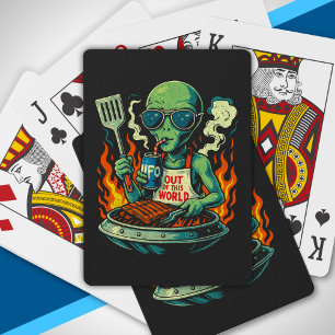 Lustige Retro grüne Alien UFO BBQ Grill Sonnenbril Spielkarten