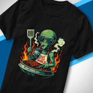 Lustige Retro grüne Alien UFO BBQ Grill Sonnenbril T-Shirt