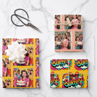 Lustige Retro-Pop-Art-Geburtstagsfeier-Überraschun Geschenkpapier Set
