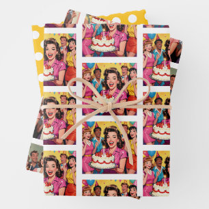 Lustige Retro-Pop-Art-Geburtstagsfeier Überraschun Geschenkpapier Set