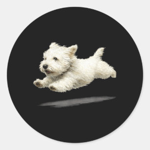 Lustige Retro Süße Laufende Hund Kunst Weiße Welpe Runder Aufkleber