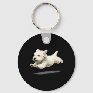 Lustige Retro Süße Laufende Hund Kunst Weiße Welpe Schlüsselanhänger