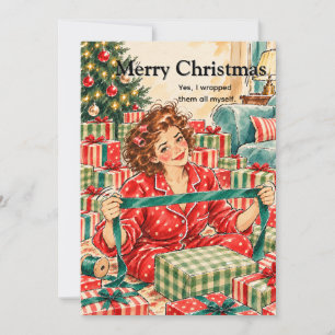 Lustige Retro-Weihnachtsgeschenkverpackung in Pyja Feiertagskarte