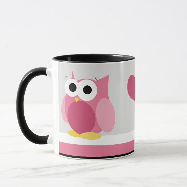 Lustige rosa Eule mit Herzen - Tasse (Links)