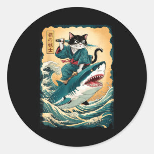 Lustige Samurai-Katze reitet auf einem Hai Vintage Runder Aufkleber