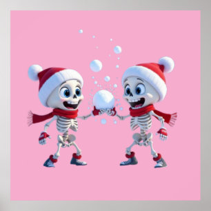 Lustige Santa-Skelette beim Schneeballkampf Poster