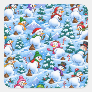 Lustige scheißende Schneemänner Winter Wonderland Quadratischer Aufkleber