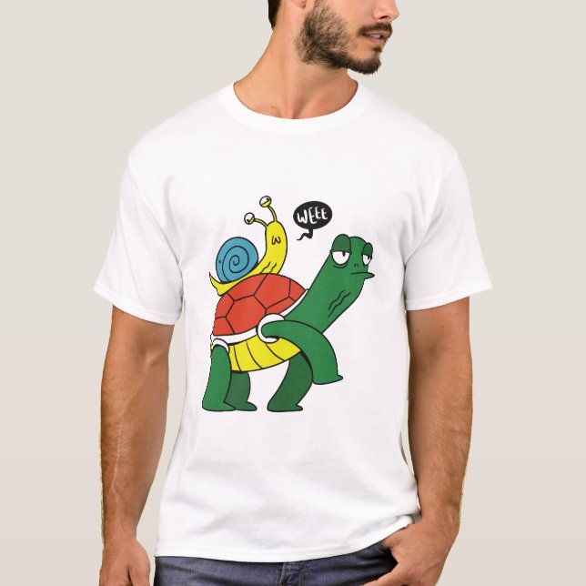 Lustige Schildkröte Reitet Schnecke Cartoon T-Shir T-Shirt (Vorderseite)