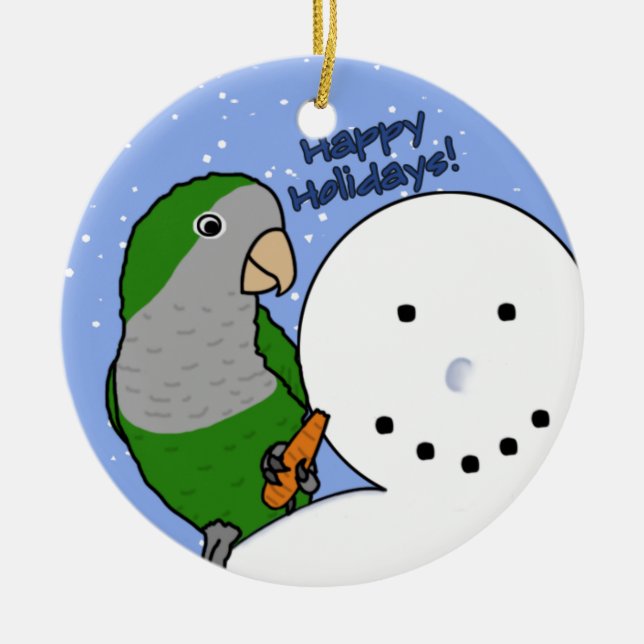 Lustige Schneemann-Quäkerparakeet-Verzierung Keramikornament (Vorne)