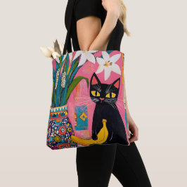Lustige schwarze Katze Banane und Blumen Vase