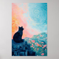 Lustige schwarze Katze Banane und Blumen Vase