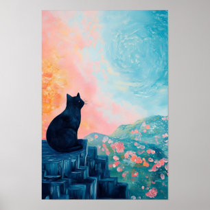 Lustige schwarze Katze Banane und Blumen Vase  Poster