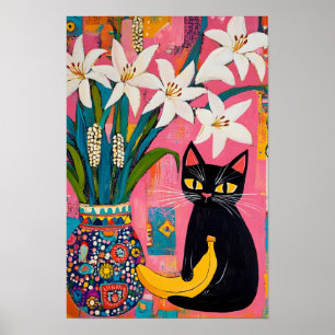 Lustige schwarze Katze Banane und Blumen Vase Poster