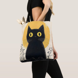 Lustige schwarze Katze bei Vollmond