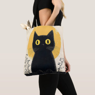 Lustige schwarze Katze bei Vollmond