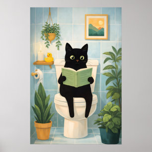 Lustige schwarze Katze beim Lesen auf Toilette Bad Poster