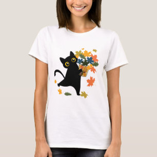 Lustige schwarze Katze Blatt fällt Hallo Herbst T-Shirt
