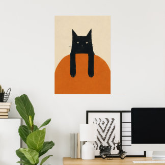 Lustige schwarze Katze, die in minimalistischer Mi Poster