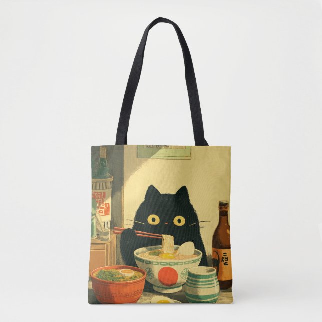 Lustige schwarze Katze, die Ramen isst (Vorderseite)