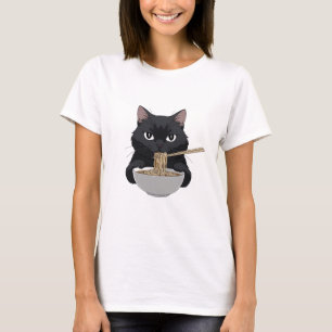 Lustige schwarze Katze, die Ramen isst – Anime Foo T-Shirt
