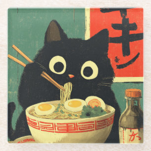 Lustige schwarze Katze, die Ramen isst Glasuntersetzer