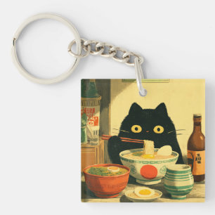 Lustige schwarze Katze, die Ramen isst Japanisch Schlüsselanhänger