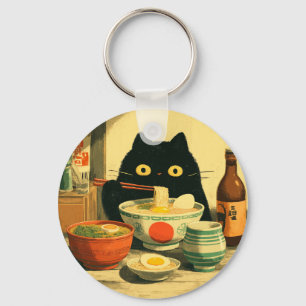 Lustige schwarze Katze, die Ramen isst   Japanisch Schlüsselanhänger