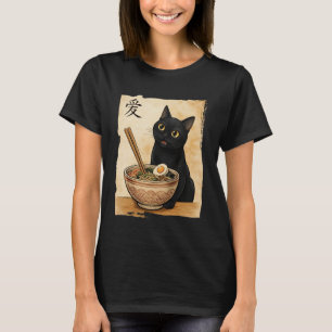 Lustige schwarze Katze, die Ramen isst, japanische T-Shirt