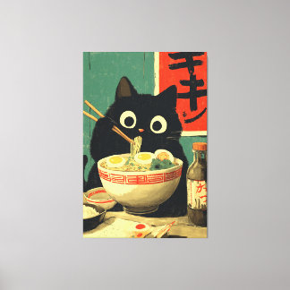 Lustige schwarze Katze, die Ramen isst Leinwanddruck