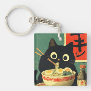 Lustige schwarze Katze, die Ramen isst Schlüsselanhänger