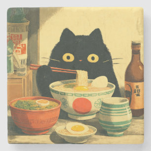 Lustige schwarze Katze, die Ramen isst Steinuntersetzer