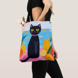 Lustige schwarze Katze frisches Obst und Meer