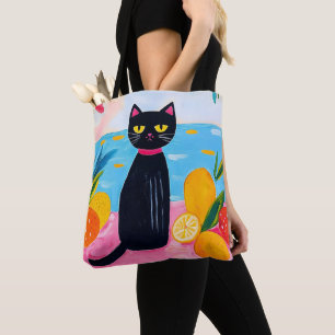 Lustige schwarze Katze frisches Obst und Meer