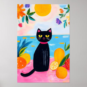 Lustige schwarze Katze frisches Obst und Meer Poster