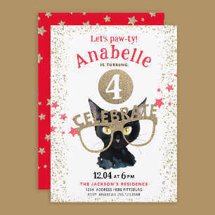 Lustige schwarze Katze Gold Glitter Rote Sterne Aq Einladung