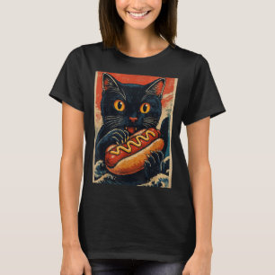 Lustige schwarze Katze isst Hot Dog Retro-Japanisc T-Shirt