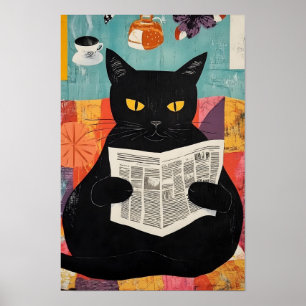 Lustige schwarze Katze liest Zeitung  Poster